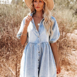 Vestido de Denim de Algodão com Lapela