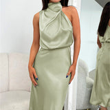 Carla | Vestido longo de cetim com decote halter