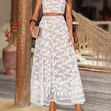 Conjunto elegante de top curto com estampado de palmeiras e saia longa