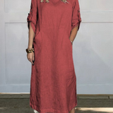 Freya™ - Vestido de Linho Liso Confortável com Bolsos
