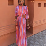 Carlota - Vestido longo elegante com mangas curtas bufantes e design aberto nas costas