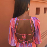 Carlota - Vestido longo elegante com mangas curtas bufantes e design aberto nas costas