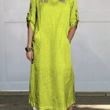 Freya™ - Vestido de Linho Liso Confortável com Bolsos