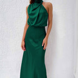 Carla | Vestido longo de cetim com decote halter