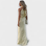 Elegante maxi vestido halter amarelo verão feminino