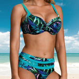 Connie - Bikini de Cintura Alta com Estampa de Folhas