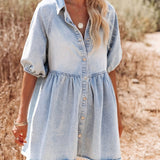 Vestido de Denim de Algodão com Lapela