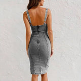 Vestido Denim -Vestido com decote em U e fenda