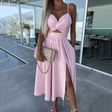 Vestido feminino com alças finas e fenda alta