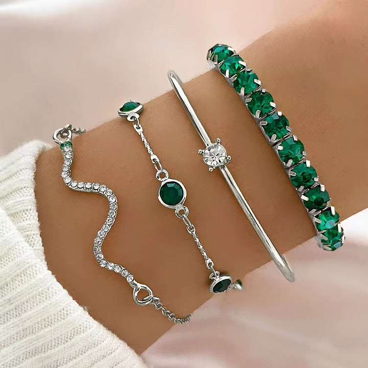 Miray - Conjunto de Pulseiras de Cristal Esmeralda e Ouro com 4 Peças