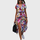 Luisa - Vestido longo elegante com mangas curtas e cinto