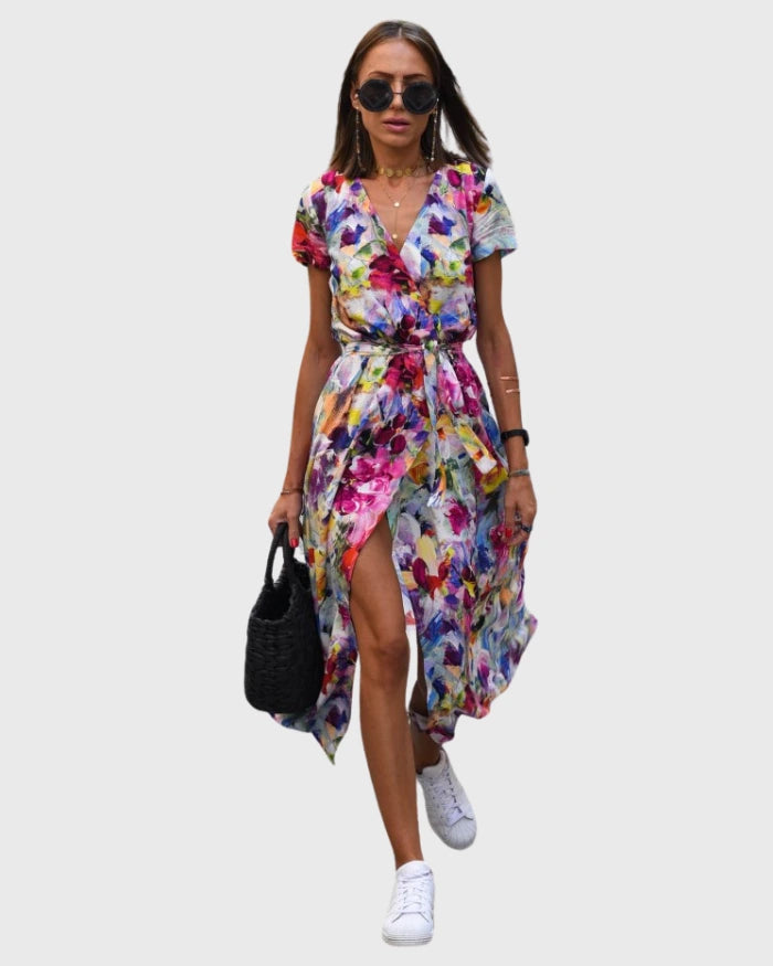 Luisa - Vestido longo elegante com mangas curtas e cinto