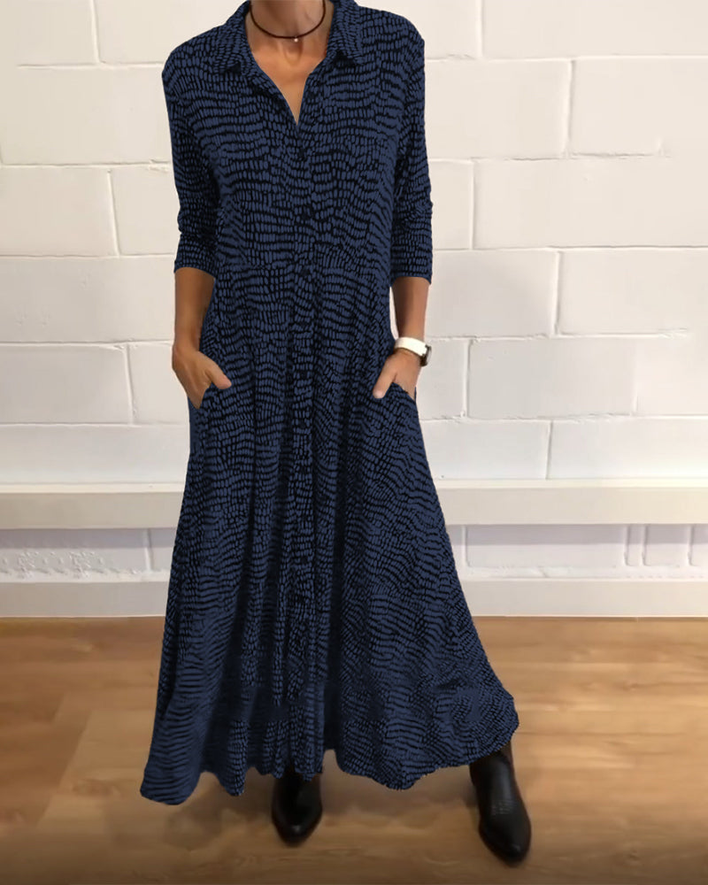 Rute - Vestido longo com bolso e lapela impresso