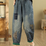 Calças Harem Bordadas Jeans Largas