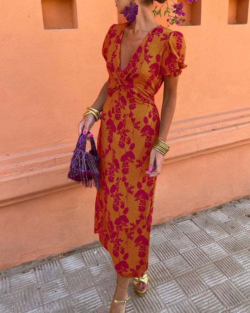 Caroline - Vestido com decote V  e mangas bufantes