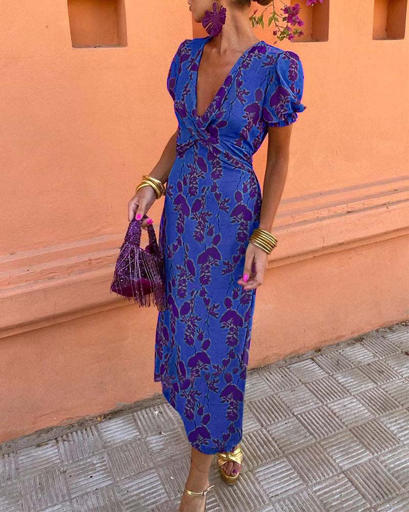 Caroline - Vestido com decote V  e mangas bufantes