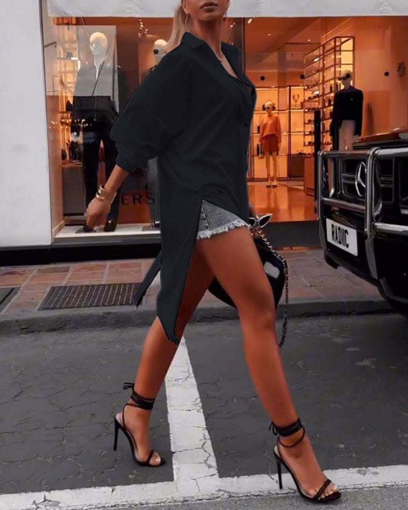 Filipa - Camisa casual com fenda e gola em cor sólida