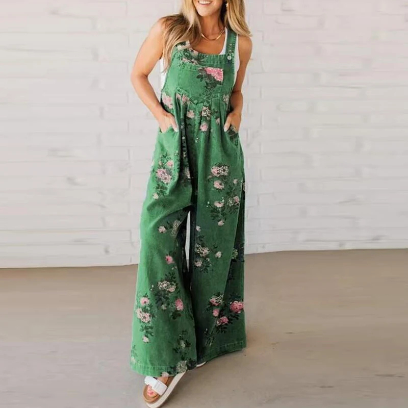 Macacão jeans floral Elara leve e descontraído