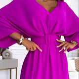 Isabela - Vestido elegante roxo de manga longa com decote em V