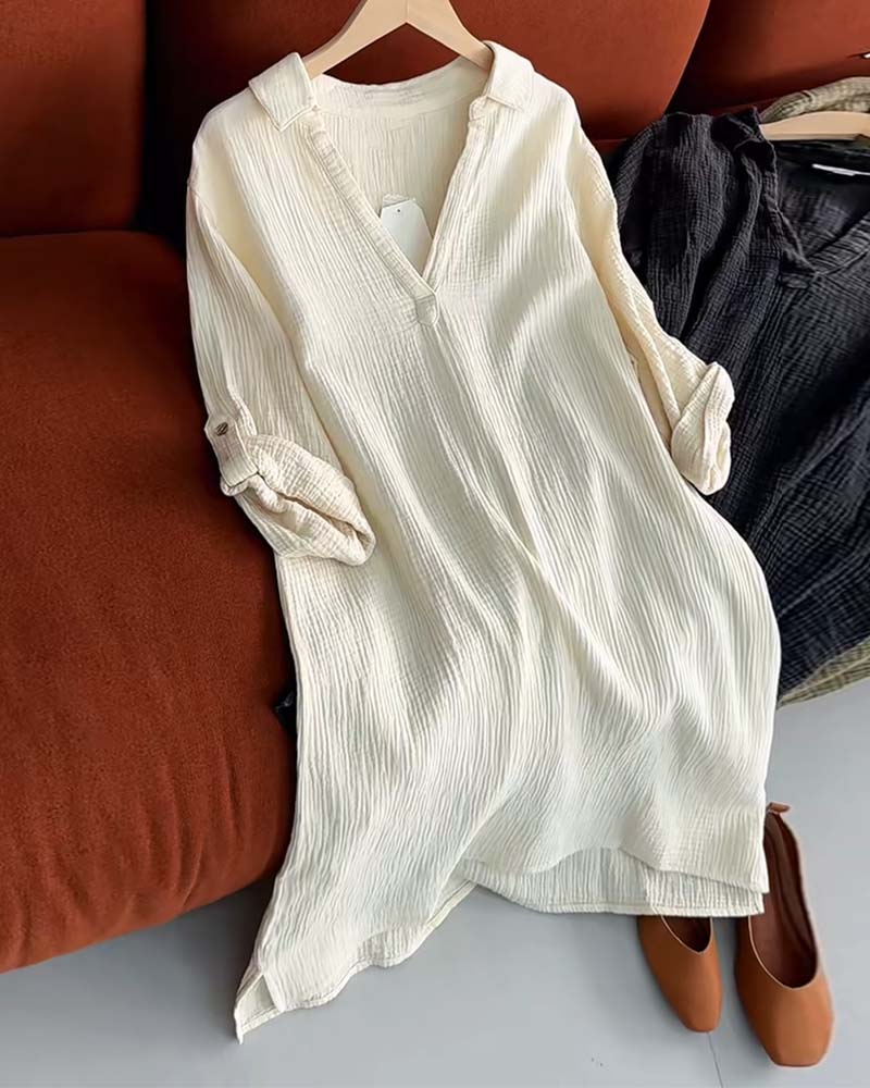 Vestido Manga Longa Liso Colarinho Simples