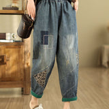 Calças Harem Bordadas Jeans Largas