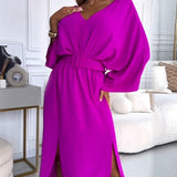 Isabela - Vestido elegante roxo de manga longa com decote em V
