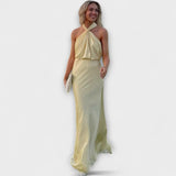 Elegante maxi vestido halter amarelo verão feminino