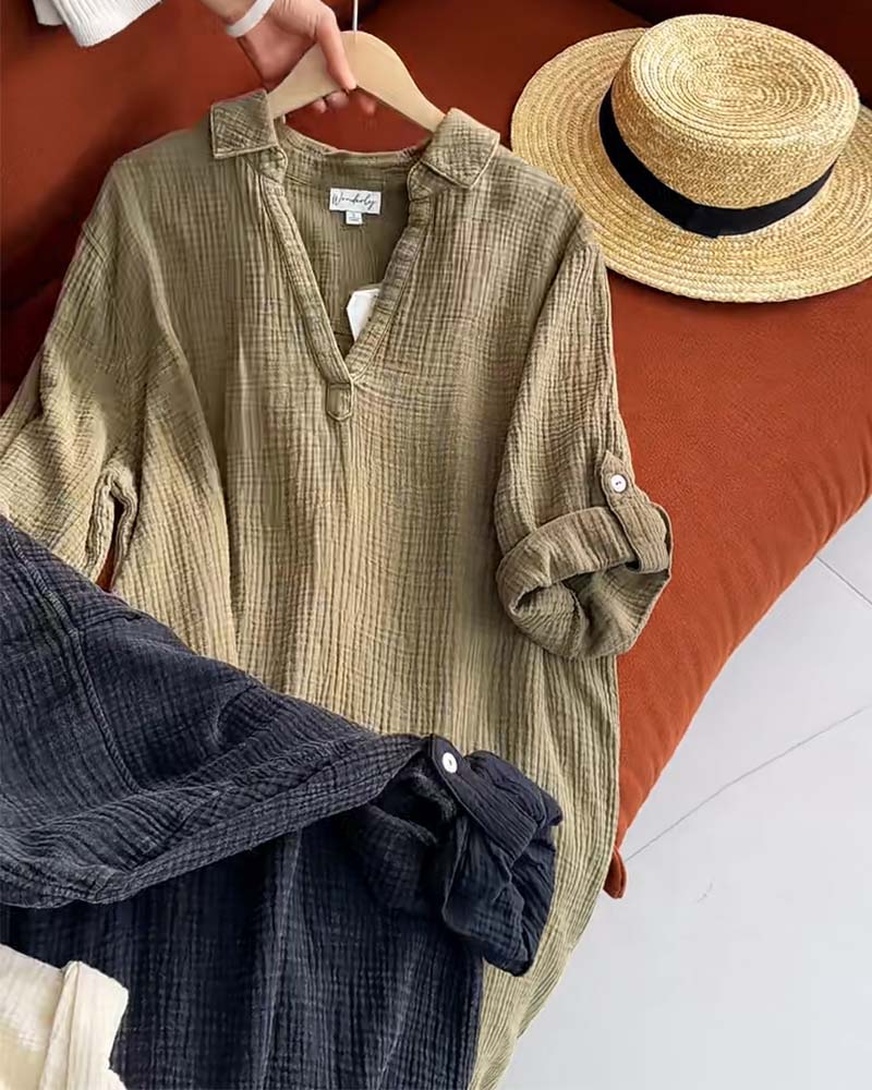 Vestido Manga Longa Liso Colarinho Simples