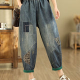 Calças Harem Bordadas Jeans Largas
