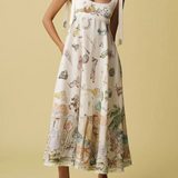 Vestido longo Isadora com estampa artística e laços nos ombros
