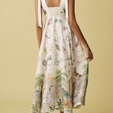 Vestido longo Isadora com estampa artística e laços nos ombros