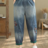 Calças Harem Bordadas Jeans Largas