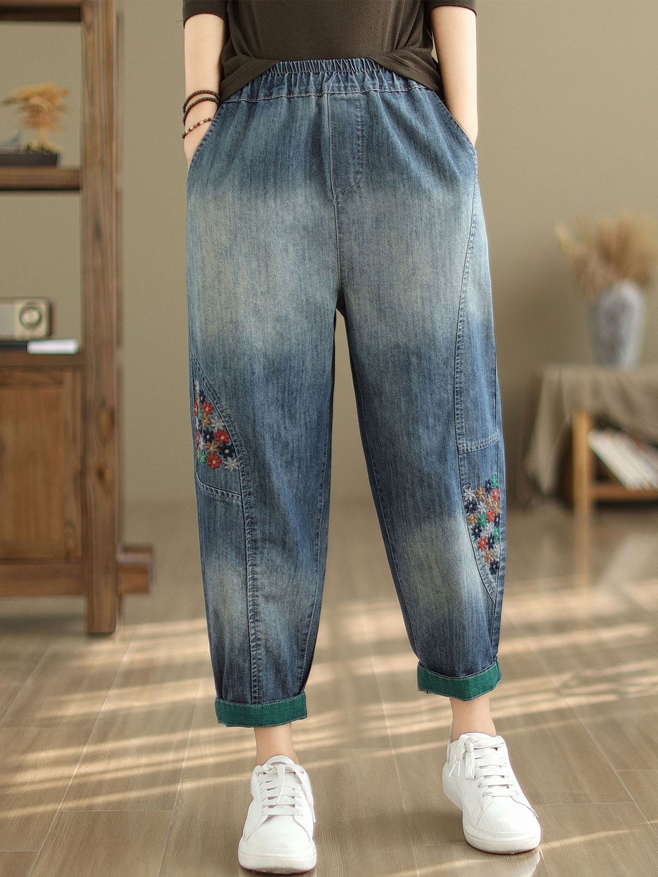 Calças Harem Bordadas Jeans Largas