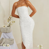 Vestido Midi Assimétrico Bordado à Mão em Branco