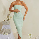 Vestido Midi Assimétrico Bordado à Mão em Sálvia