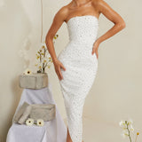 Vestido Midi Assimétrico Bordado à Mão em Branco