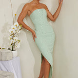 Vestido Midi Assimétrico Bordado à Mão em Sálvia