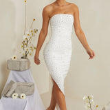 Vestido Midi Assimétrico Bordado à Mão em Branco