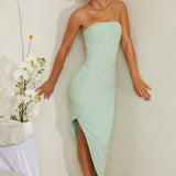 Vestido Midi Assimétrico Bordado à Mão em Sálvia