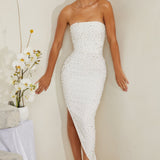 Vestido Midi Assimétrico Bordado à Mão em Branco