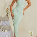 Vestido Midi Assimétrico Bordado à Mão em Sálvia