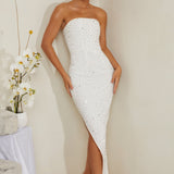 Vestido Midi Assimétrico Bordado à Mão em Branco