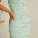 Vestido Midi Assimétrico Bordado à Mão em Sálvia