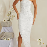 Vestido Midi Assimétrico Bordado à Mão em Branco