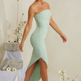 Vestido Midi Assimétrico Bordado à Mão em Sálvia