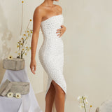 Vestido Midi Assimétrico Bordado à Mão em Branco