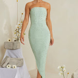 Vestido Midi Assimétrico Bordado à Mão em Sálvia