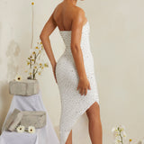 Vestido Midi Assimétrico Bordado à Mão em Branco