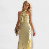 Elegante maxi vestido halter amarelo verão feminino