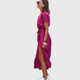 Luisa - Vestido longo elegante com mangas curtas e cinto